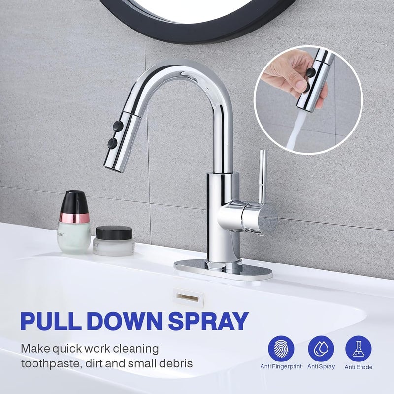 Kablle Bathroom Sink Faucet with Pull Down Sprayer, Chrome Single Handle Pull Out Faucet with Pop-Up Drain, 1 or 3 Hole Laundry Bar Basin Faucet with Deck Plate, KBL-7002C-CL - Image 4